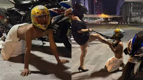 摩托车友会女骑手牵男人狗跪